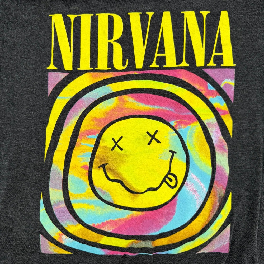 Nirvana Smiley Face Tie-Dye Graphic T-Shirt Women's L Charcoal Gray Band Tee